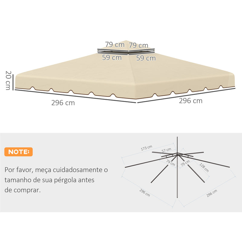 Toldo de Substituição para Pérgola 2,96x2,96m Teto de Substituição para Pérgolas Exterior com Duplo Teto e 8 Orifícios de Drenagem Bege