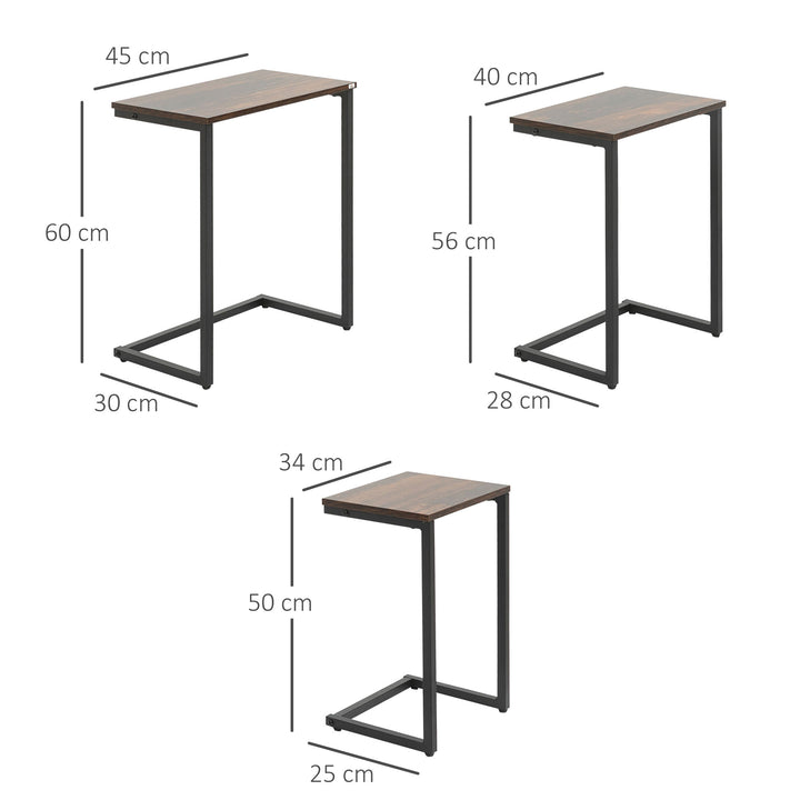 Conjunto de 3 Mesas Auxiliares em Forma de C Mesas de Estilo Industrial com Pés de Aço para Sala de Estar Dormitório Escritório 45x30x60cm 40x28x56cm e 34x25x50cm Marrom Rústico