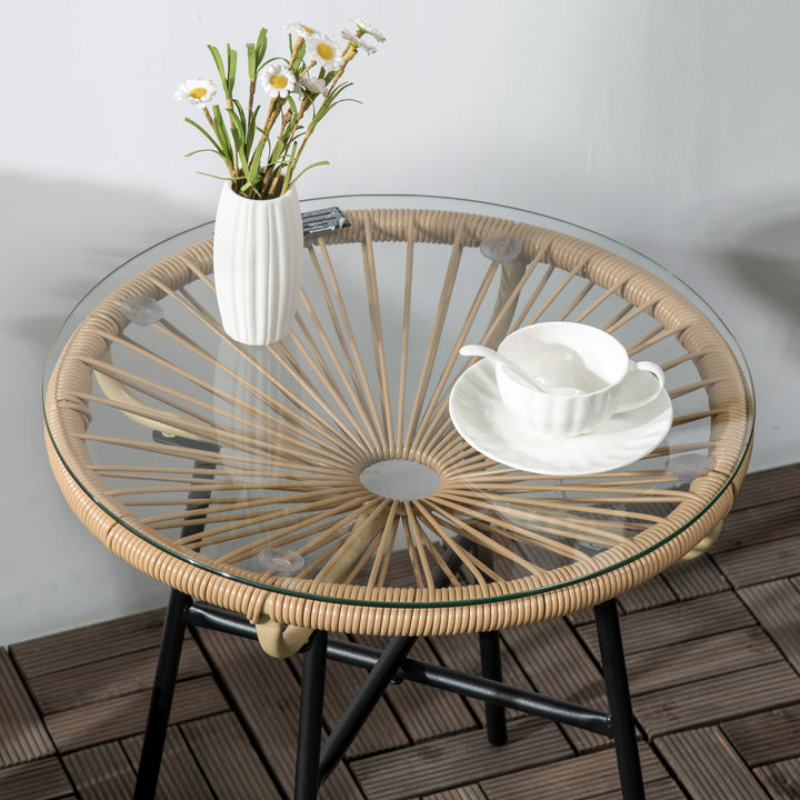 Mesa Auxiliar de Vime Sintético Mesa de Centro Redonda para Exteriores com Bancada de Vidro Temperado e Pés de Metal para Pátio Jardim Varanda Ø50x50 cm Bege e Preto