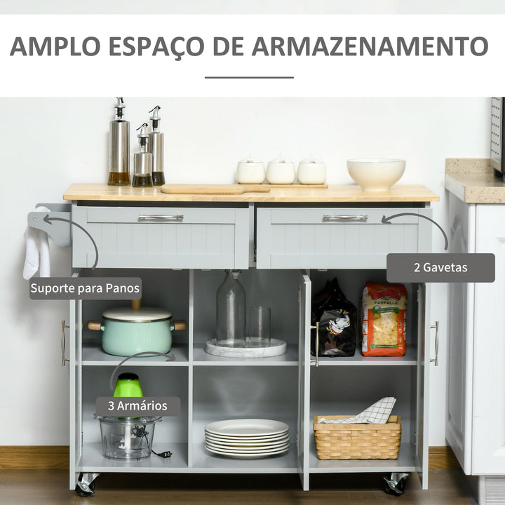 Carrinho de Cozinha com Rodas Carrinho de Cozinha Multiuso com 2 Gavetas 3 Portas Prateleiras Ajustáveis e Barra para Sala de Jantar 121x46x91cm Cinza e Madeira