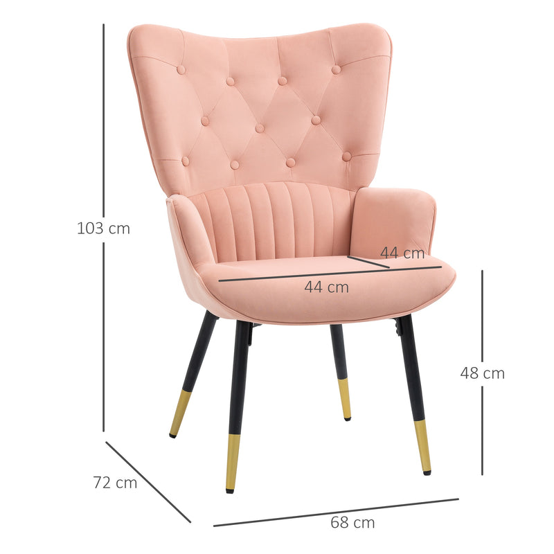 Poltrona Individual Poltrona Sala de Estar Estofada em Veludo com Encosto Alto Apoio para os Braços e Pés de Aço Estilo Moderno 68x72x103cm Rosa