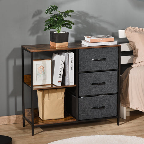 Cómoda de Estilo Industrial com Cestos de Tela Dobráveis e 2 Prateleiras para Dormitório Sala de Estar Corredor 80x29x71cm Marrom Rústico e Cinza Escuro