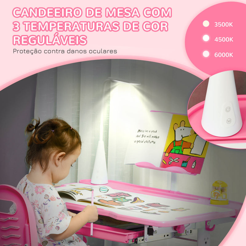 Conjunto de Secretária e Cadeira para Crianças acima de 3 Anos Secretária Infantil com Altura Ajustável Mesa Inclinável Gaveta Lâmpada LED e Suporte para Lápis 80x49,5x80-105cm e 36x34x60-73cm Rosa