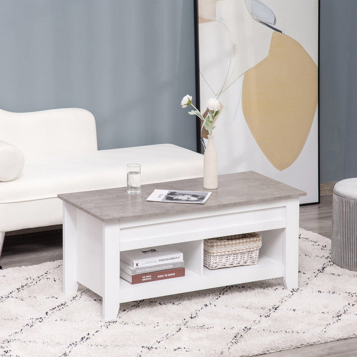 Mesa de Centro com Bancada Elevável Mesa de Centro com 2 Compartimentos Abertos Bancada de Imitação a Mármore Mesa Retangular para Sala de Estar 105x50x49cm Branco