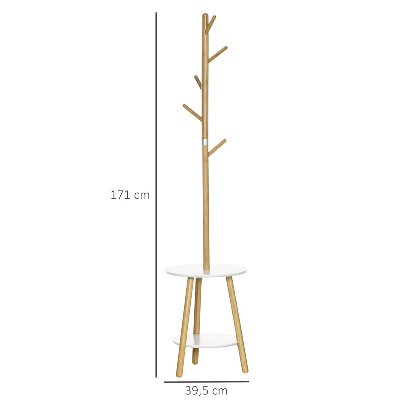 Cabide de Pé de Bambu 2 em 1 Cabide de Pé com 2 Prateleiras 5 Ganchos para Roupas Bolsas e Estrutura de Alumínio para Entrada Dormitório 39x5x39,5x71cm Madeira e Branco