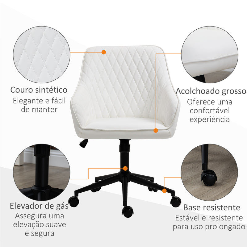 Cadeira de Escritório Operativa Cadeira de Escritório Giratória de Couro PU com Altura Ajustável e Função de Inclinação pra Sala de Estar Dormitório Estúdio 59x60x90-100 cm Branco