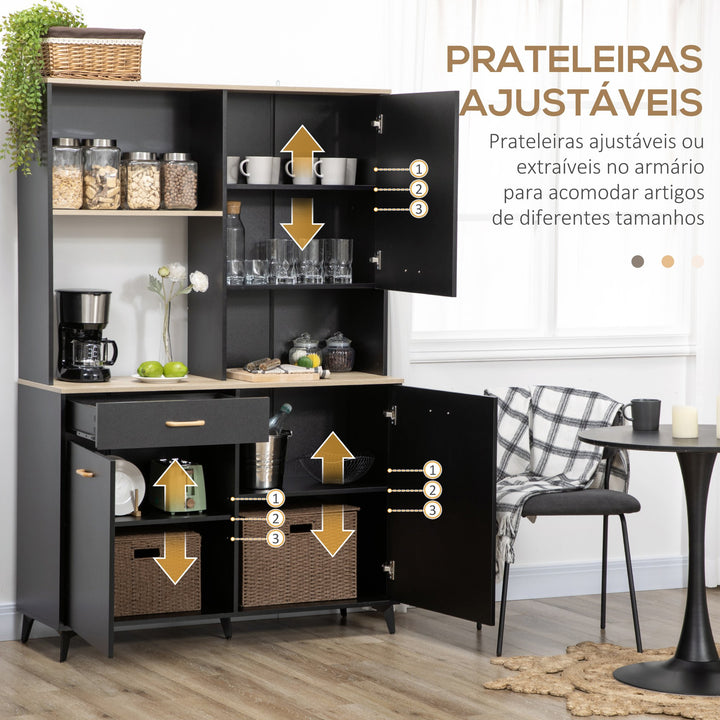 Armário de Cozinha Aparador de Sala de Jantar com 1 Gaveta 3 Portas e Armazenamento Aberto Móvel Auxiliar para Microondas de Estilo Moderno 119x41x180cm Preto