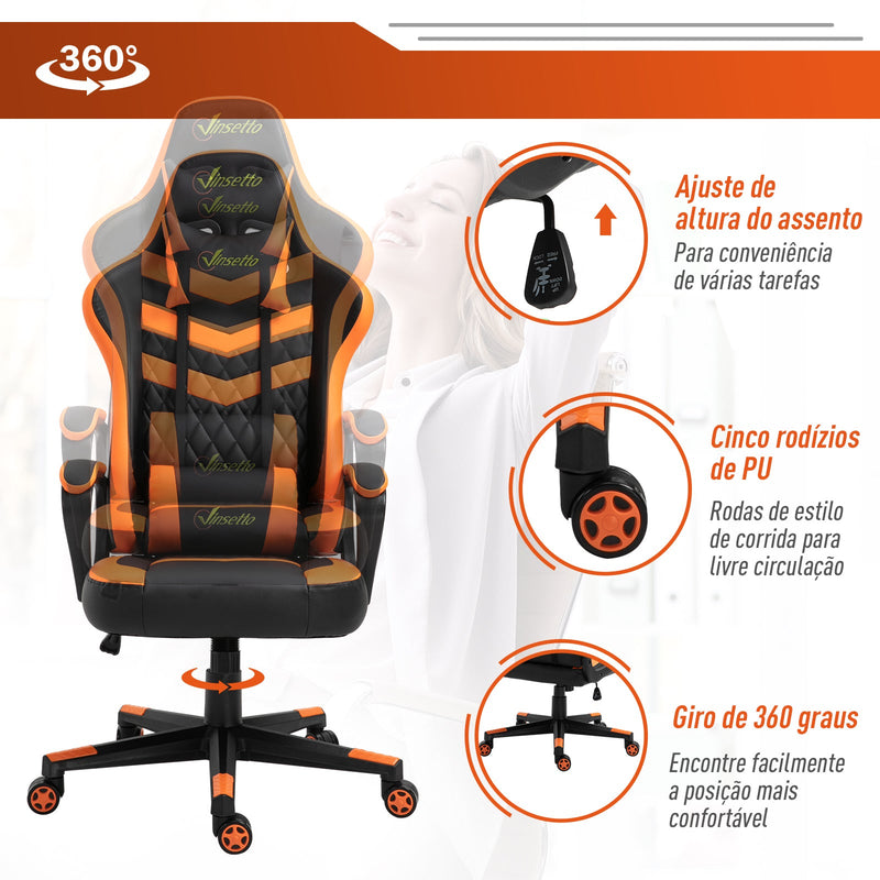 Cadeira gaming para escritório Ergonômico Altura ajustável basculante com apoio de cabeça e almofada lombar 61x70x121-129 cm laranja