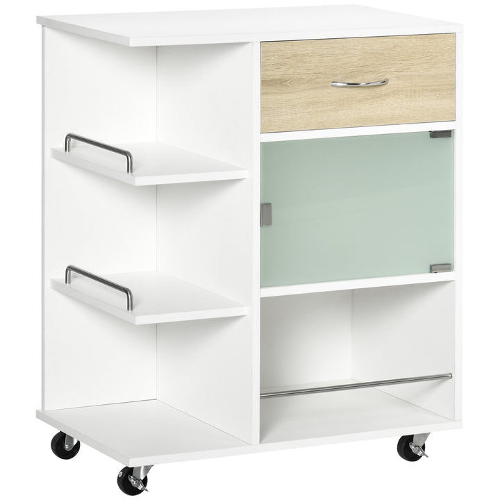 Carrinho de Cozinha com 1 Gaveta Porta de Vidro e Prateleiras Abertas Carrinho de Cozinha Auxiliar com Rodas para Sala de Estar Casa de Banho 65x39x80cm Madeira e Branco