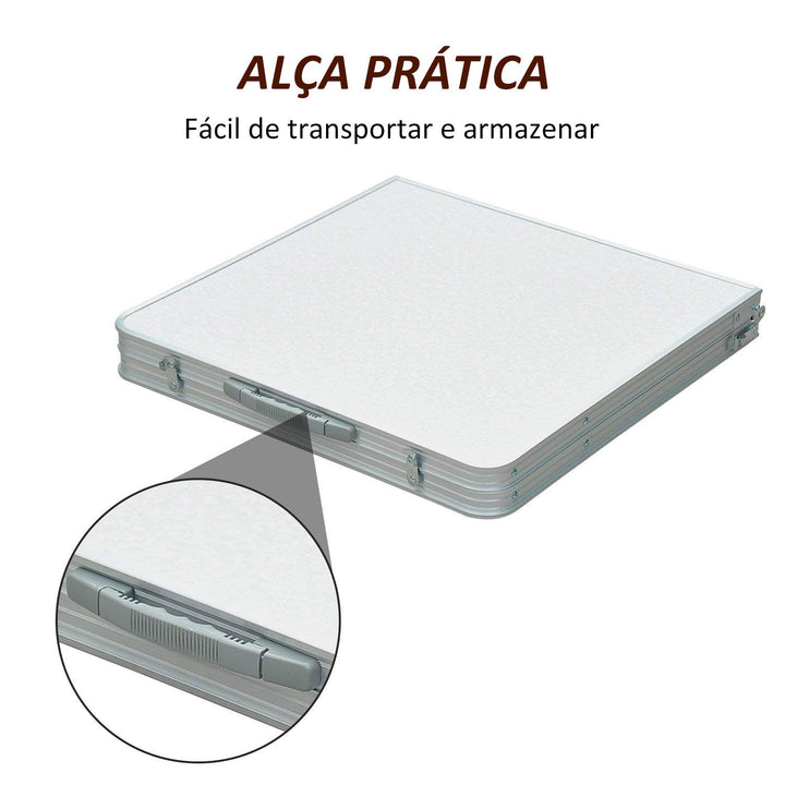 Mesa de acampamento dobrável e conversível com altura ajustável - Cor: Branco - Alumínio e MDF - 120x60x54-70cm