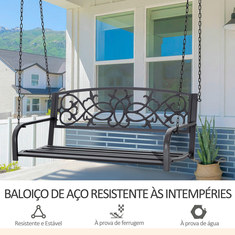 Banco Baloiço de 2 Lugares Banco Suspenso de Aço com Apoio para os Braços Carga Máx. 240kg para Jardim Varanda Exterior 127x59,5x52cm Preto