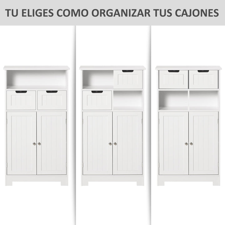 Armário de Casa de Banho com 2 Portas Prateleira Ajustável 2 Gavetas e Compartimento Aberto Móvel Auxiliar de Armazenamento para Sala de Estar Cozinha 60x30x108,8cm Branco