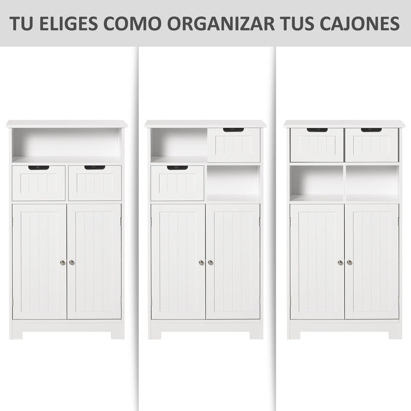 Armário de Casa de Banho com 2 Portas Prateleira Ajustável 2 Gavetas e Compartimento Aberto Móvel Auxiliar de Armazenamento para Sala de Estar Cozinha 60x30x108,8cm Branco