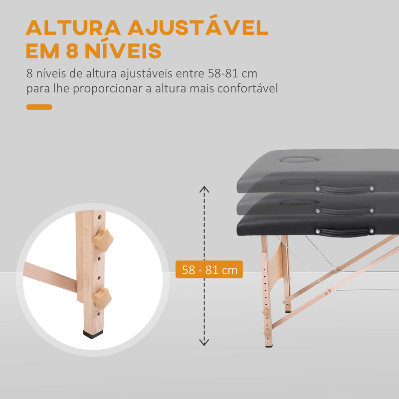 Marquesa de Massagem Dobrável Mesa de Massagem Portátil com Apoio para a Cabeça Estrutura de Madeira Altura Ajustável e Bolsa de Transporte 186x60x58-81 cm Preto