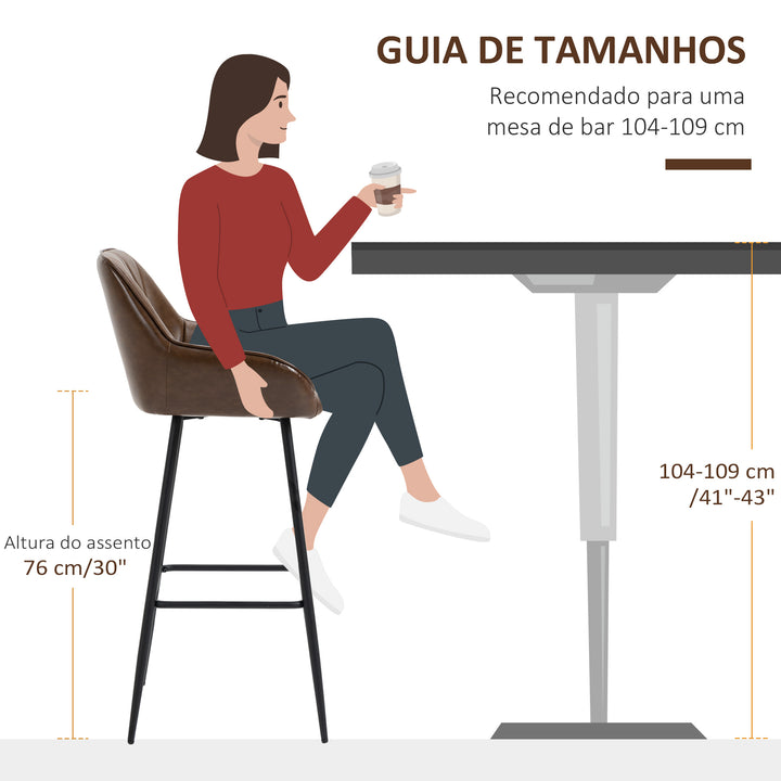 Conjunto de 2 Bancos Altos de Cozinha Bancos de Bar Estofados em PU com Encosto Alto Pés de Aço e Apoio para os Pés para Sala de Jantar Carga 120kg 50x47,5x102,5cm Marrom