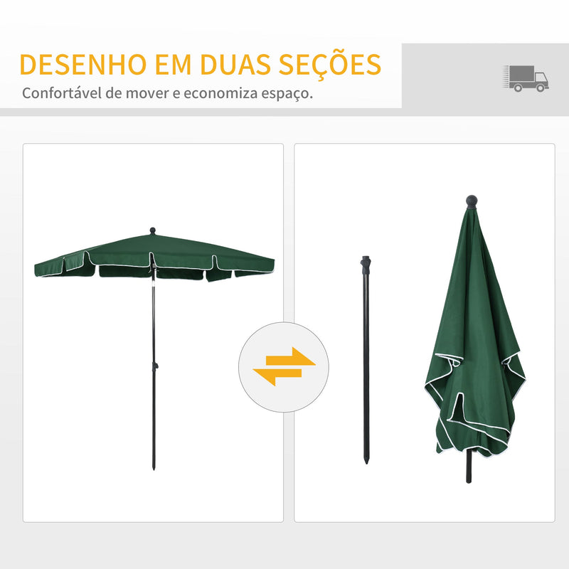 Chapéu de Sol Retangular de Jardim 198x130x240cm Chapéu de Sol de Alumínio com Função de Inclinação para Terraço Pátio Exterior Verde