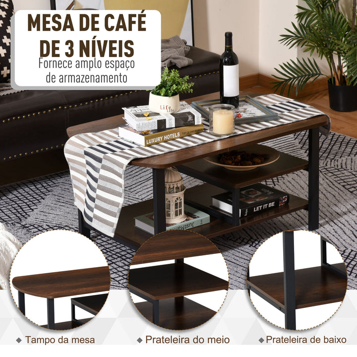 Mesa de centro com 3 prateleiras para sala Sala de estar Estilo vintage 100x60x46 cm Castanho rústico