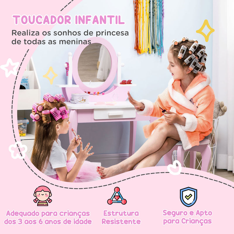 Toucador Infantil com Banco e Espelho Toucador Infantil de Madeira com Gaveta Mesa de Maquilhagem para Crianças entre 3-6 Anos 65,5x46x93cm Rosa