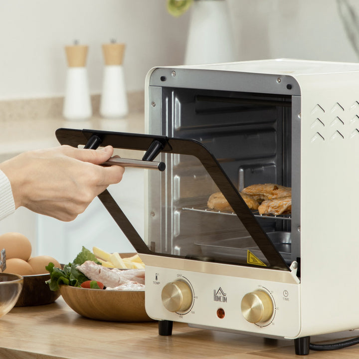 Mini Forno Elétrico de Convecção 15 Litros 1000W Forno com Temperatura até 230°C Temporizador 60 Minutos Bandeja e Grade 25,5x27,5x32cm Creme