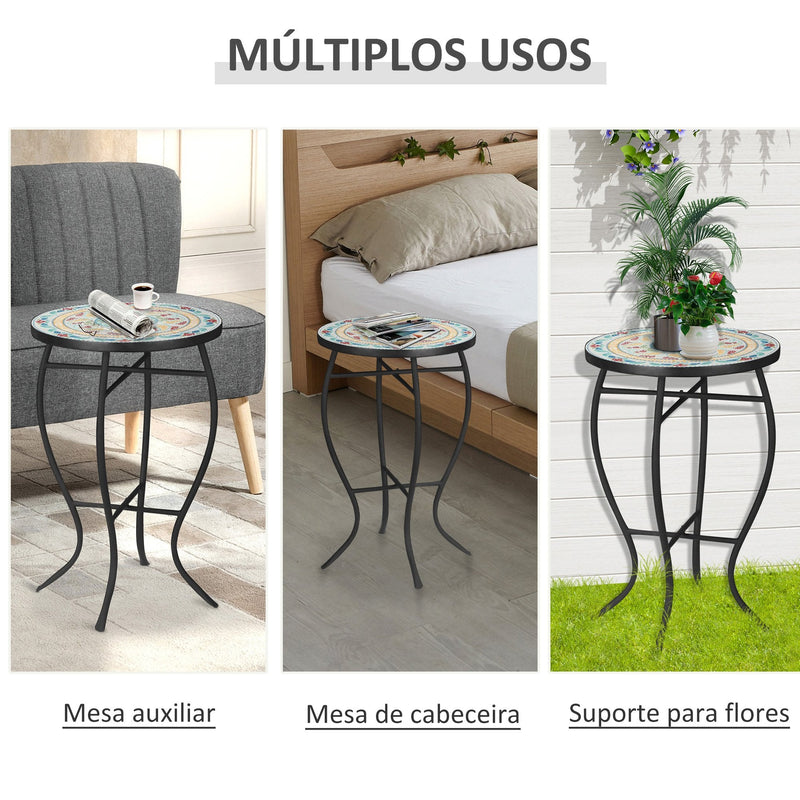 Mesa de Jardim Redonda Mesa Auxiliar de Mosaico com Pés de Metal para Pátio Terraço Exterior Balcão 35,5x35,5x53,5cm Multicor