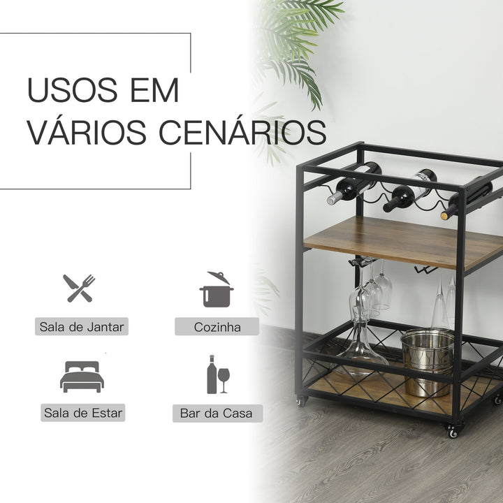 Carrinho de cozinha multifuncional com 3 prateleiras 77x44,5x91 cm Madeira rústica