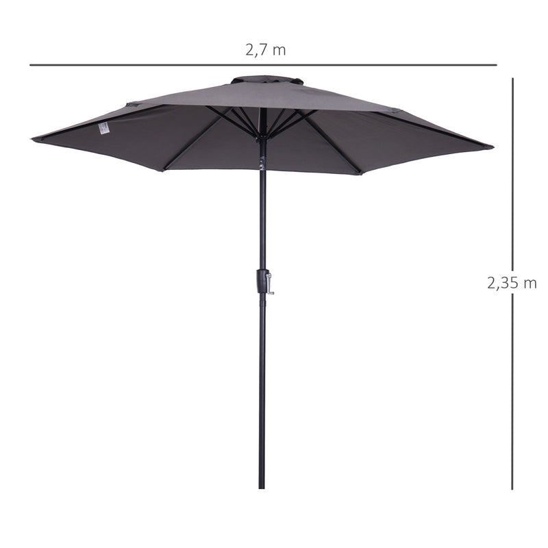 Chapéu de Sol de Jardim Ø270x235cm Chapéu de Sol de Alumínio Reclinável com Manivela e 6 Hastes para Terraço Exterior Balcão Cinza