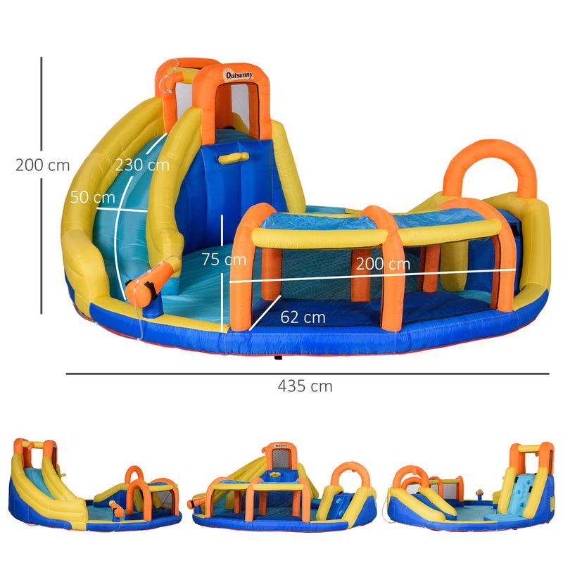 Castelo Insuflável com Escorrega Castelo para Crianças de 3-8 Anos com Cesta de Basquetebol Piscina Insuflador de 750W e Bolsa de Transporte 435x435x200cm Multicolorido