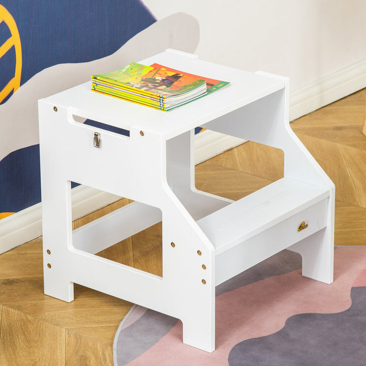 Torre de Aprendizagem para Crianças 3-6 Anos de Madeira Torre de Aprendizagem Infantil Convertível em Secretária com Ardósia e Barra de Segurança para Casa de Banho Cozinha 42x44x86cm Branco