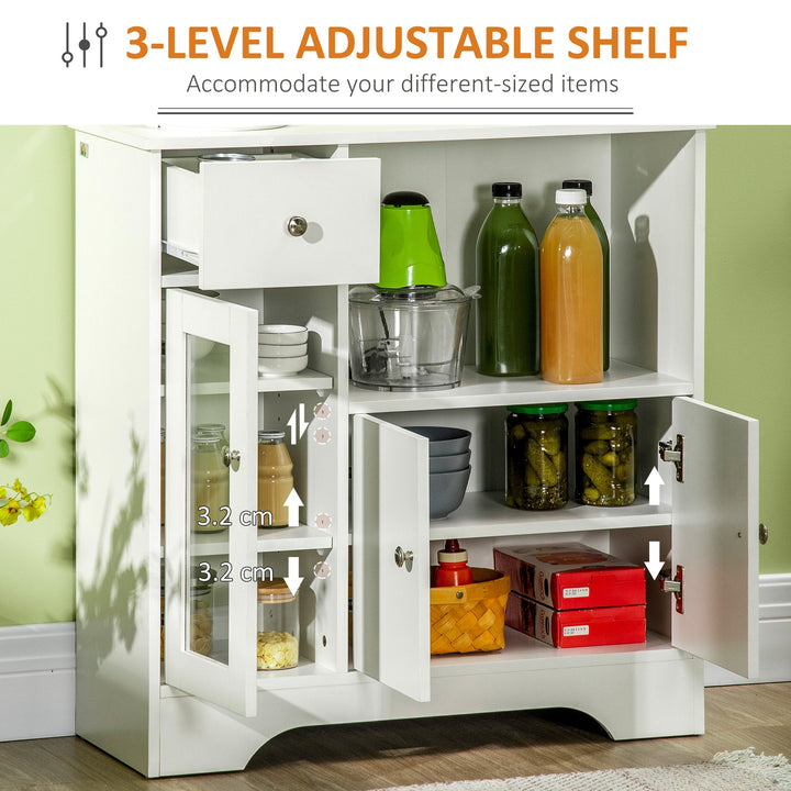 Aparador de Cozinha Moderno com Porta de Vidro Gaveta Prateleira Aberta e Prateleiras Ajustáveis Móvel Auxiliar de Armazenamento para Sala de Jantar Sala de Estar 80x30x82cm Branco