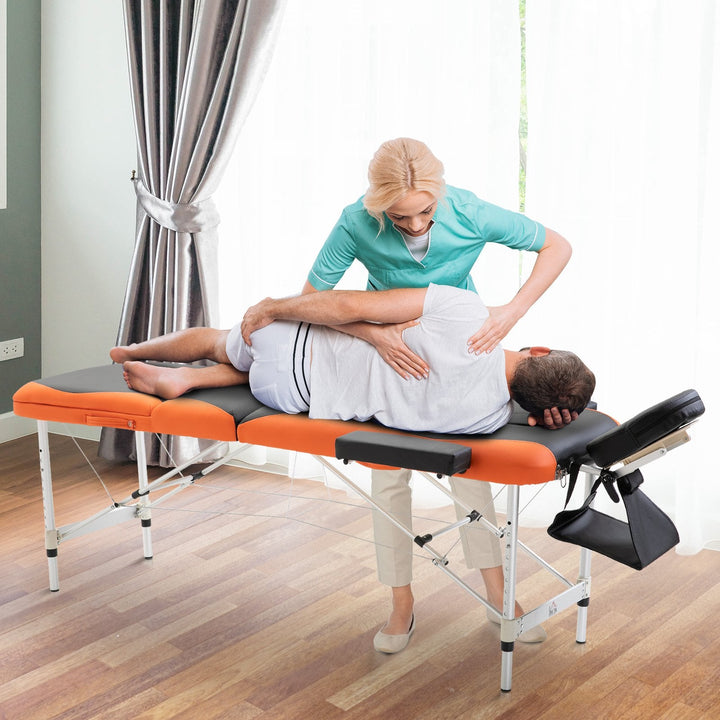 Marquesa Dobrável e Portátil para Fisioterapia - Preto e Laranja - Estrutura em PU e Alumínio - 185x60 cm