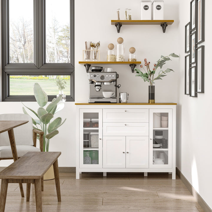Aparador de Cozinha com Armário 2 Gavetas 2 Portas de Vidro e Prateleiras Ajustáveis Móvel Auxiliar de Armazenamento para Sala de Jantar Sala de Estar 120x40x90cm Branco