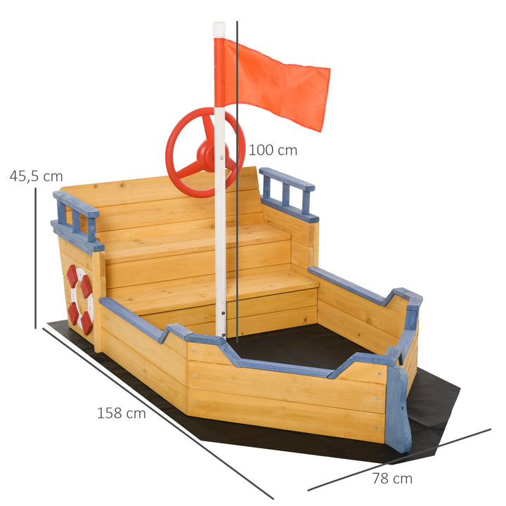 Caixa de Areia Infantil de Madeira Desenho de Galeão com Assento 2 Degraus Bandeira Vermelha e Leme Caixa de Areia de Jardim para Crianças acima de 3 Anos 158x78x45,5cm Natural