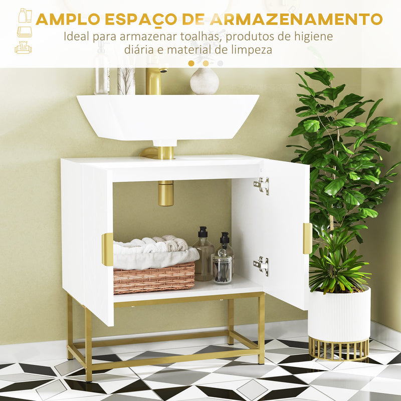 Móvel para Lavatório Pousar Armário para Casa de Banho Moderno com 2 Portas e Pés de Aço 60x30x65 cm Branco e Dourado