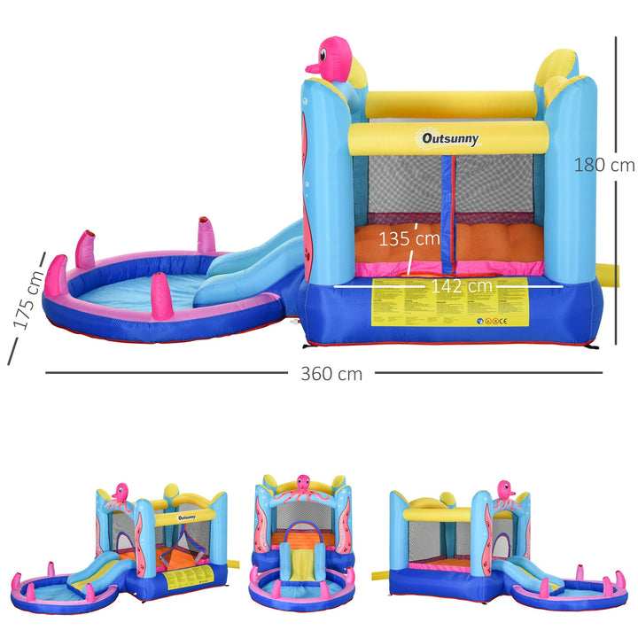 Castelo Insuflável com Escorrega Trampolim e Piscina para Crianças acima de 3 Anos Inclui Insuflador e Bolsa de Transporte para Interior e Exterior 360x175x180cm Multicor