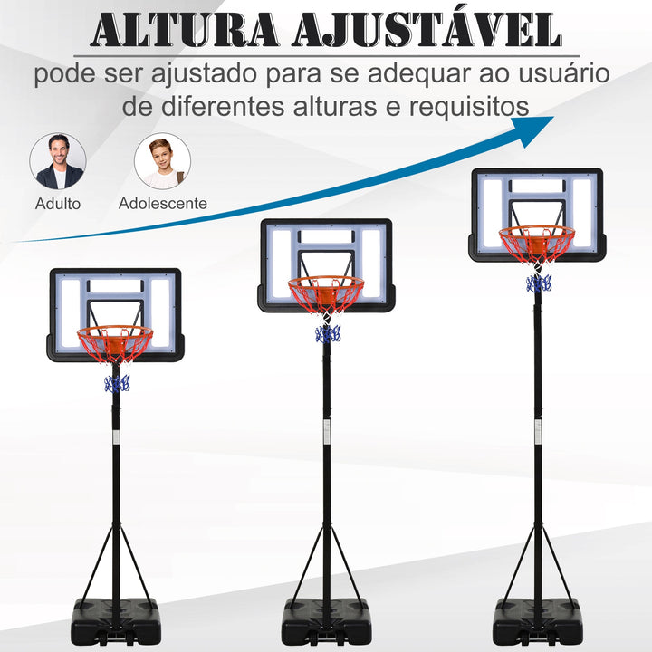 Tabela de basquetebol com suporte portátil Aro de cesta ajustável em altura base recarregável para crianças e adultos 86x153x250-350 cm Preto