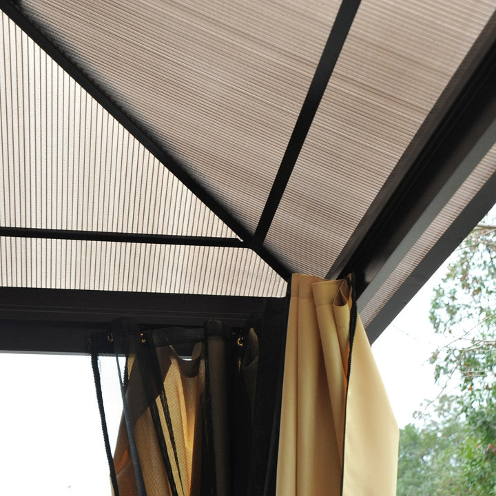 Pérgola de Jardim 4,3x3,6m Pérgola de Alumínio de Exterior com Teto de Policarbonato 4 Cortinas Laterais e 4 Telas Mosquiteiras com Zíper para Festas Eventos Marrom e Bege