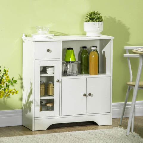 Aparador de Cozinha Moderno com Porta de Vidro Gaveta Prateleira Aberta e Prateleiras Ajustáveis Móvel Auxiliar de Armazenamento para Sala de Jantar Sala de Estar 80x30x82cm Branco