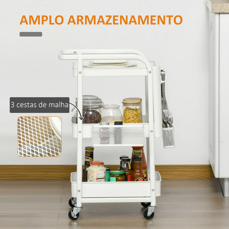 Carrinho de Cozinha com Rodas Carrinho de Armazenamento de 3 Níveis com 4 Ganchos 2 Cestas Alça de Transporte e Rodas com Freio para Casa de Banho Escritório Dormitório 51,5x32x75,6cm Branco