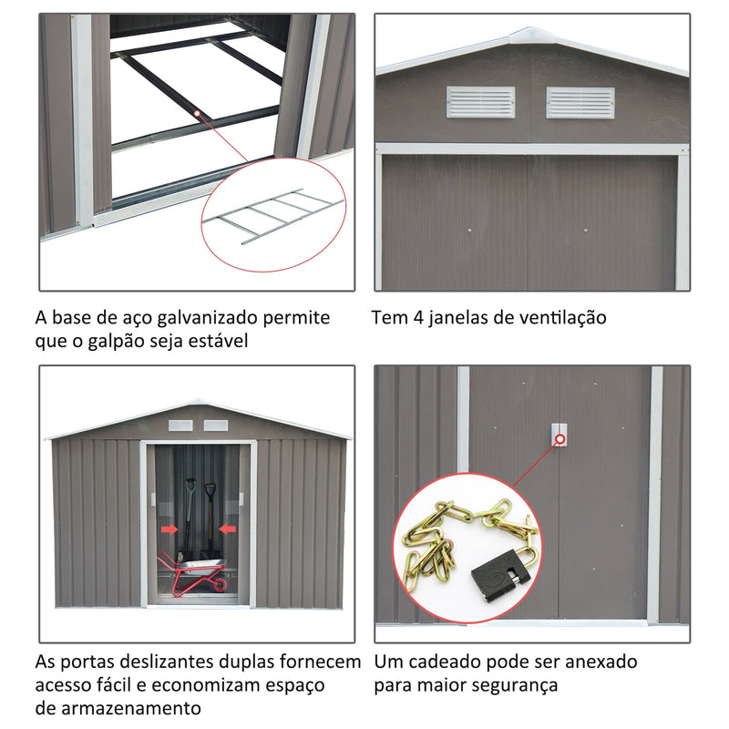 Barracão de Jardim Tipo Armário de Metal para Guardar Ferramentas 277x191x192cm Aço Cinzento