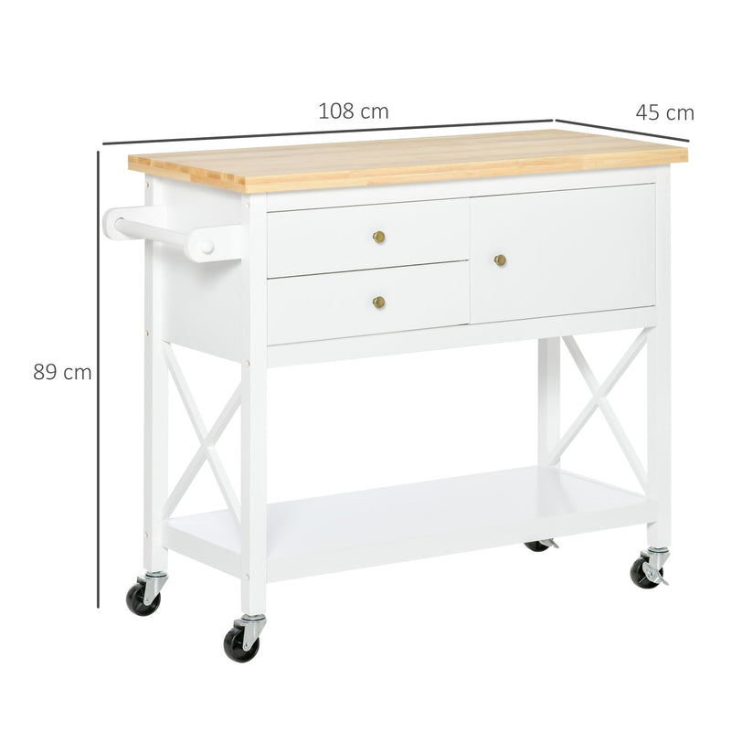 Carrinho de Cozinha com Rodas Aparador Multifuncional com Armário 2 Gavetas Prateleira e Barra para Panos 108x45x89cm Branco