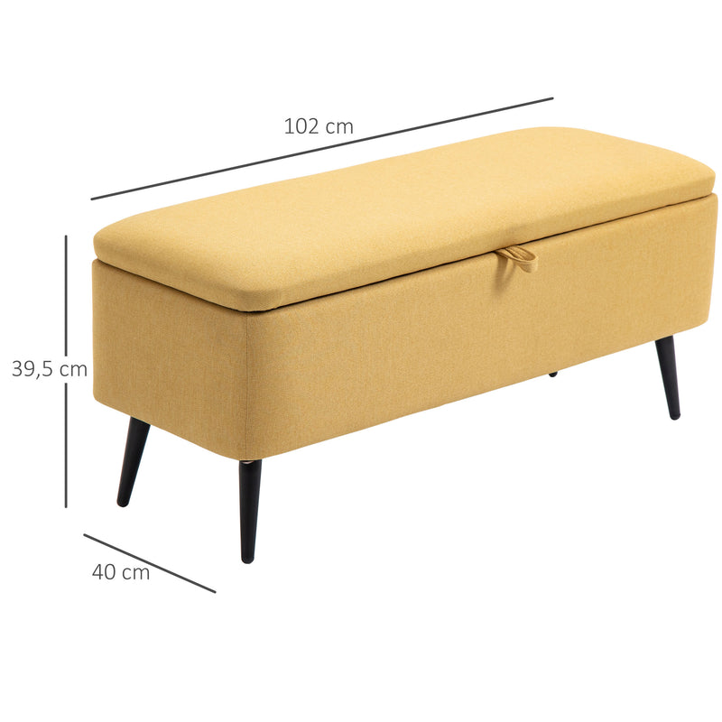 Banco de Armazenamento Estofado em Linho com Tampa Abatível e Pés de Aço para Dormitório Sala de Estar Entrada Carga Máxima 150kg 102x40x39,5cm Amarelo