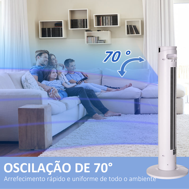 Ventoinha de Coluna Oscilante 45 W com Controlo Remoto Temporizador de 12h 3 Velocidades 3 Modos Ecrã LED e Alça de Transporte para Dormitório Ø31,5x93 cm Branco