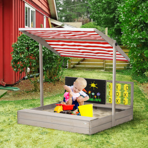 Caixa de Areia de Madeira para Crianças de 3-7 Anos Caixa de Areia Infantil com Teto Ajustável de Tecido não Tecido Banco de 2 Assentos Ardósia e Jogo para Pátio Jardim 114x113x110 cm Madeira