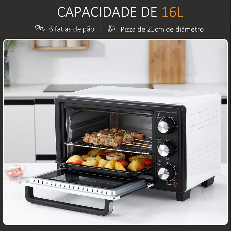 Mini Forno de Convecção 16L com 3 Modos de Aquecimento Temperatura até 230°C Temporizador 60 Minutos Bandeja para Assar e Grade 44x32x28,1cm Branco e Preto