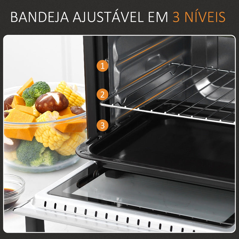 Mini Forno de Convecção 16L com 3 Modos de Aquecimento Temperatura até 230°C Temporizador 60 Minutos Bandeja para Assar e Grade 44x32x28,1cm Branco e Preto