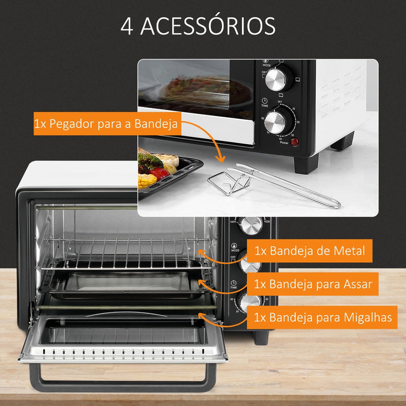 Mini Forno de Convecção 16L com 3 Modos de Aquecimento Temperatura até 230°C Temporizador 60 Minutos Bandeja para Assar e Grade 44x32x28,1cm Branco e Preto