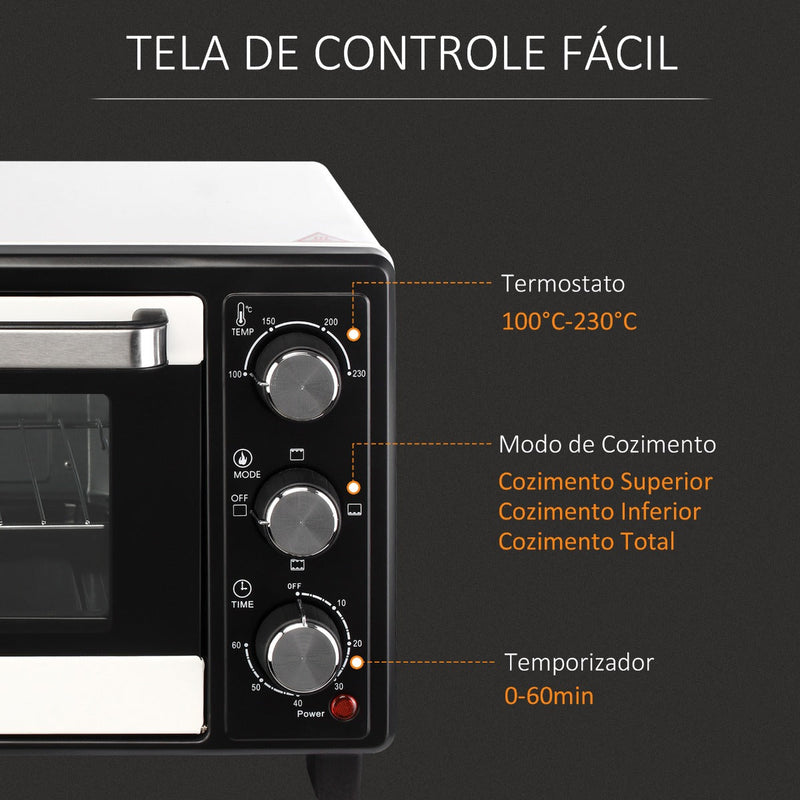 Mini Forno de Convecção 16L com 3 Modos de Aquecimento Temperatura até 230°C Temporizador 60 Minutos Bandeja para Assar e Grade 44x32x28,1cm Branco e Preto