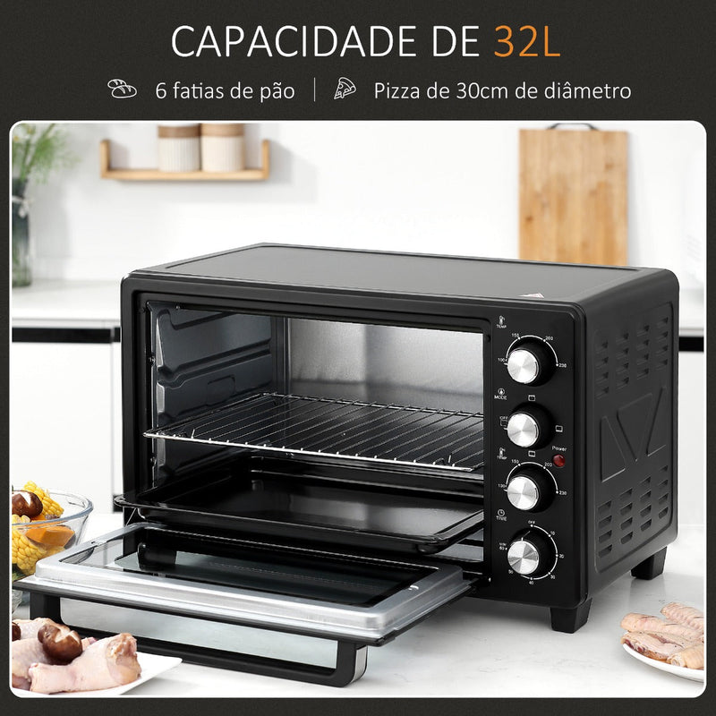 Mini Forno de Convecção 32L 16000 com 3 Modos de Aquecimento Temperatura até 230 °C Temporizador Bandeja de Assar Ajustável em 3 Níveis 52,2x38,1x33,5cm Preto