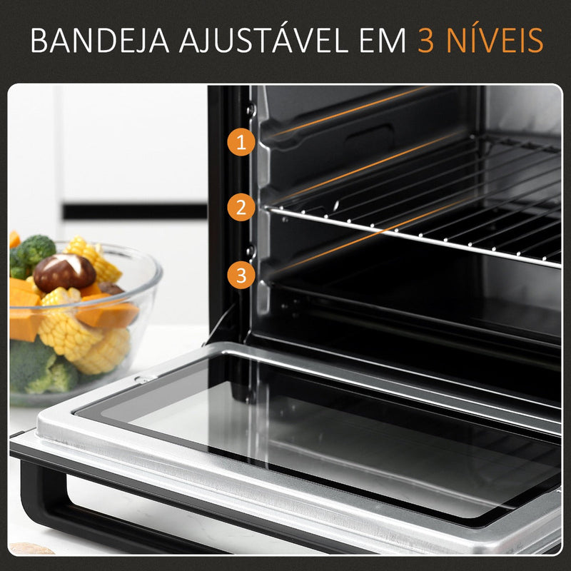 Mini Forno de Convecção 32L 16000 com 3 Modos de Aquecimento Temperatura até 230 °C Temporizador Bandeja de Assar Ajustável em 3 Níveis 52,2x38,1x33,5cm Preto