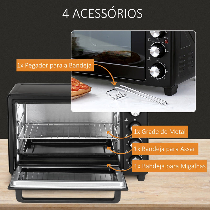 Mini Forno de Convecção 32L 16000 com 3 Modos de Aquecimento Temperatura até 230 °C Temporizador Bandeja de Assar Ajustável em 3 Níveis 52,2x38,1x33,5cm Preto